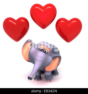 3D render di uno stile cartoon elephant con tre cuori rossi Foto Stock