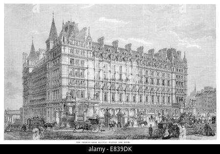 Charing Cross stazione ferroviaria di Londra e Hotel circa 1885 Foto Stock