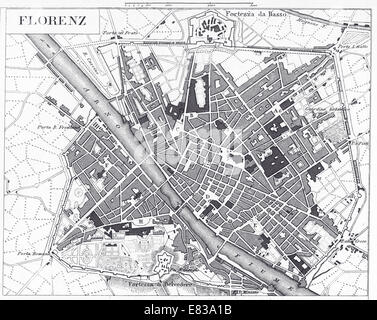 Le illustrazioni incise della mappa di Firenze,Italia da enciclopedia iconografico della scienza, letteratura e arte, circa 1851 Foto Stock