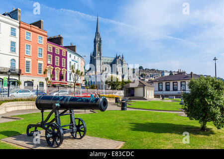 Vista della città e St Colman's Cathedral da Kennedy Park, Cobh, nella contea di Cork, Repubblica di Irlanda Foto Stock