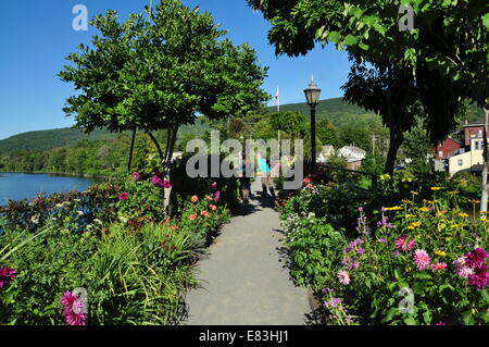 Shelbune Falls, Massachusetts: colorato piante annue comprese masse di dalie linea il ponte dei fiori Foto Stock