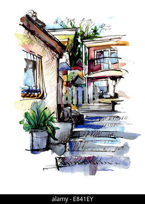 La pittura ad acquerello su carta di old street a Gurzuf Foto Stock