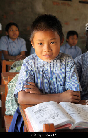 Ragazza durante una lezione in una scuola di villaggio in Jayamangala, Nepal Foto Stock