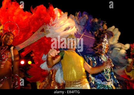 Le persone vestite in esuberante costume fatto a mano prendono parte alla celebrazione del Carnevale a Rio de Janeiro, in Brasile Foto Stock