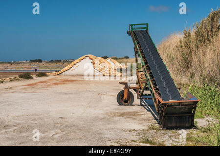 Nastro trasportatore e la collina di sale in un saltern, Murana, Trapani, Sicilia, Italia, Europa Foto Stock