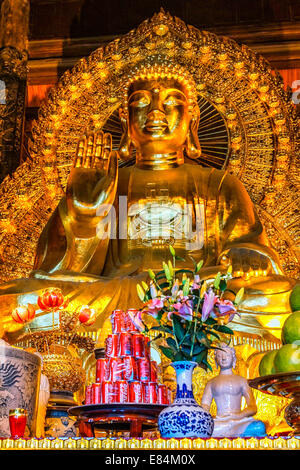 Chua Bai Dinh Pagoda buddista: Mucchio di rosso Coca Cola lattine in parte anteriore del gigante Buddha d'oro. Foto Stock