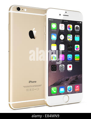 Oro Apple iPhone 6 Plus che mostra la schermata iniziale con iOS 8. Foto Stock