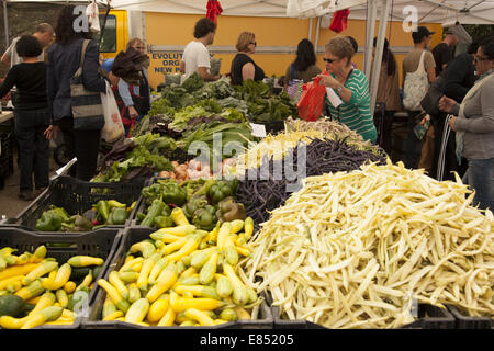 Negozio di persone per una fresca estate verdure dagli agricoltori presso il Grand Army Plaza Green Market di Brooklyn, New York. Foto Stock