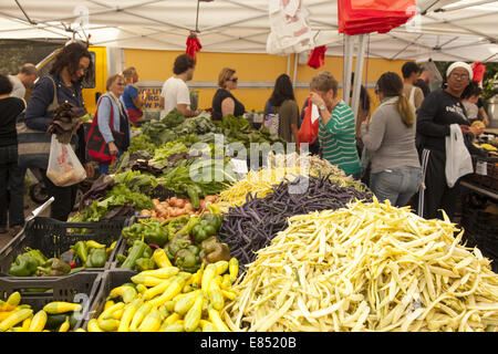 Negozio di persone per una fresca estate verdure dagli agricoltori presso il Grand Army Plaza Greenmarket a Brooklyn, New York. Foto Stock