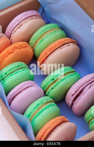 Delizioso buffet di dolci con colorati macarons in una scatola Foto Stock