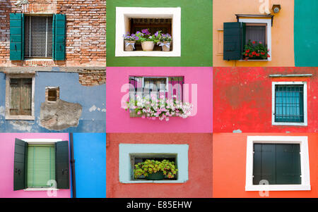 Raccolta di windows su pareti colorate in Isola di Burano Venezia Italia Foto Stock
