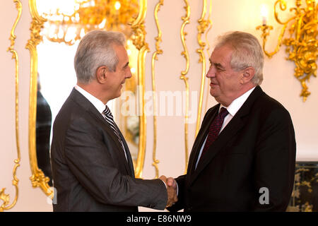 Praga, Repubblica Ceca. 01 ott 2014. Sassonia il ministro presidente Stanislaw Tillich (L - CDU) un presidente della Repubblica ceca Zeman si incontrano in un castello di Praga Repubblica Ceca, 01 ottobre 2014. La riunione si suppone per promuovere lo scambio di opinioni e di espandere il buon rapporto con il paese vicino. Foto: ARNO BURGI/DPA/Alamy Live News Foto Stock