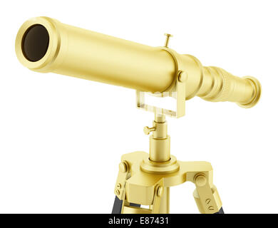 Golden telescopio su treppiede isolati su sfondo bianco Foto Stock