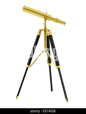 Golden telescopio su treppiede isolati su sfondo bianco Foto Stock