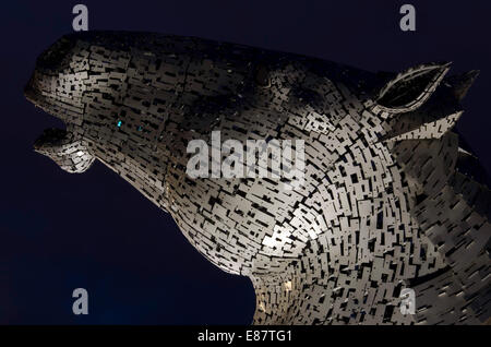 Uno dei Kelpies notturna illuminata a elica sul canale di Forth e Clyde vicino a Falkirk, Scozia centrale. Foto Stock