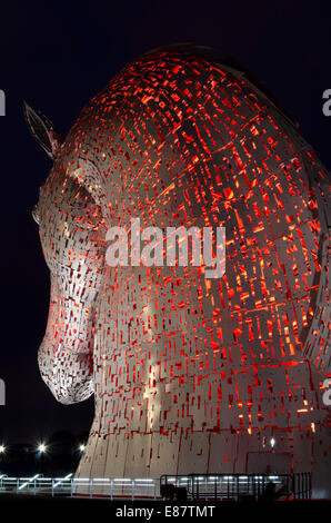 Uno dei Kelpies notturna illuminata a elica sul canale di Forth e Clyde vicino a Falkirk, Scozia centrale. Foto Stock