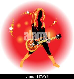 Illustrazione vettoriale di una donna con un stilizzata gitar acustiche su sfondo rosso Illustrazione Vettoriale