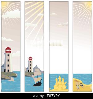 Illustrazione Vettoriale di banner colorati insieme con il faro su una spiaggia con barca e riflettente di acqua di mare Illustrazione Vettoriale