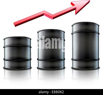 Illustrazione vettoriale delle tre in metallo nero barili di olio con una freccia rossa che mostra un aumento del consumo di benzina o di origine in un costo di olio Illustrazione Vettoriale