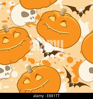 Giallo modello di Halloween con la zucca e il cranio Illustrazione Vettoriale