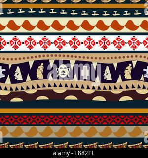 Modello senza cuciture con elementi di ricamo e maschere tribali Illustrazione Vettoriale