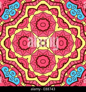 Round ornamentali seamless pattern con molti dettagli in rosa e giallo Illustrazione Vettoriale