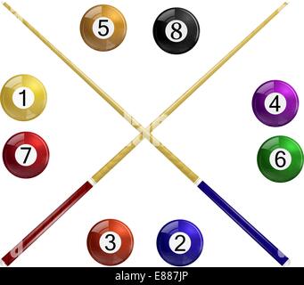 Due cue e palle da biliardo su sfondo bianco Illustrazione Vettoriale