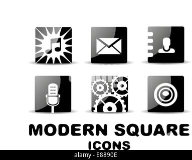 Moderno nero lucido square icon set. Vettore Illustrazione Vettoriale