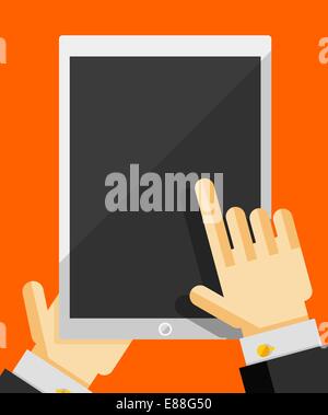 Imprenditore's mano azienda tablet trendy design piatto Illustrazione Vettoriale