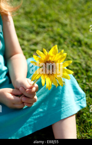 Piccola ragazza detiene il bellissimo girasole nella fotocamera Foto Stock