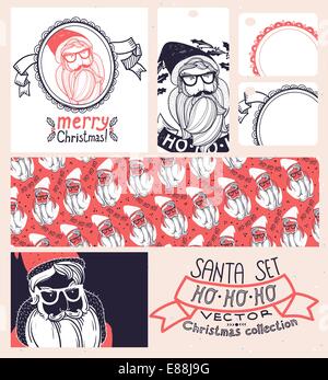 Vettore di Natale per la raccolta di un modello senza giunture, dono tag e biglietti di auguri witn Babbo Natale Illustrazione Vettoriale