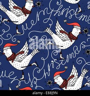 Vettore di Natale seamless pattern con graziosi uccelli di pattinaggio sul ghiaccio e lettere Illustrazione Vettoriale