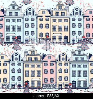 Vettore di Natale seamless pattern con vecchie case e decorazione di Natale Illustrazione Vettoriale