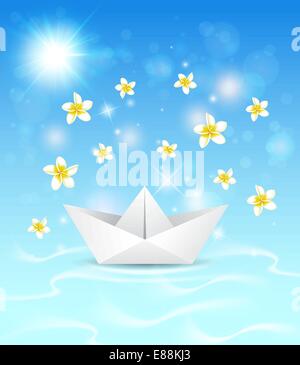Summer Blue Marine sfondo con barca di carta e fiori Illustrazione Vettoriale