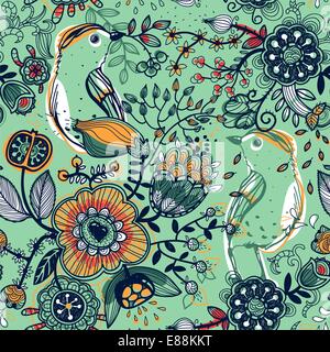 Vettore seamless floral pattern con fiori e uccelli astratto Illustrazione Vettoriale
