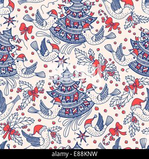 Vettore di Natale seamless pattern con uccelli in volo e albero di Natale Illustrazione Vettoriale