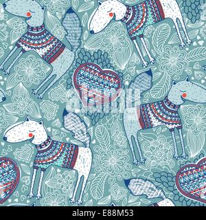 Vector seamless pattern con cani sorridente e cuori di maglia Illustrazione Vettoriale