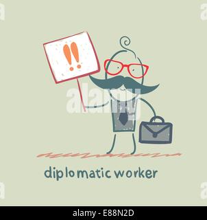 Lavoratori diplomatici tiene un cartello con un punto esclamativo Illustrazione Vettoriale