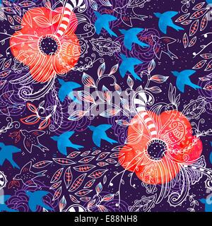 Vettore seamless floral pattern con elementi ad acquerello e doddles astratto Illustrazione Vettoriale