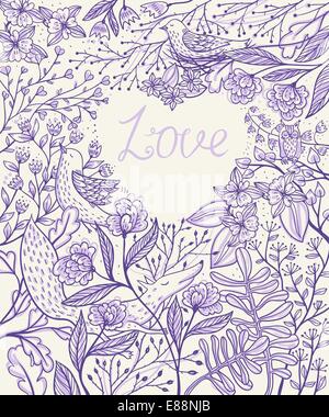 Vettore sfondo floreale con animali, uccelli e fiori Illustrazione Vettoriale