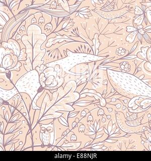 Vettore senza giunture floreale con pattern di fantasia piante e simpatici animali Illustrazione Vettoriale