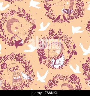 Vector seamless pattern con ritratti di animali divertenti Illustrazione Vettoriale