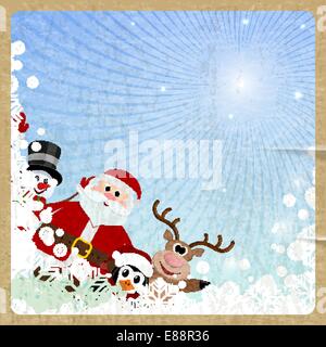 Santa Claus, renne, pupazzo di neve, il pinguino su sfondo rétro Illustrazione Vettoriale