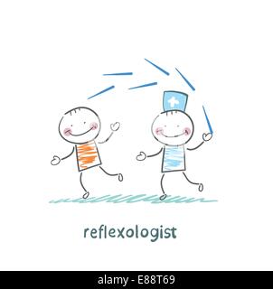 Reflexologist funziona con un paziente con aghi Illustrazione Vettoriale