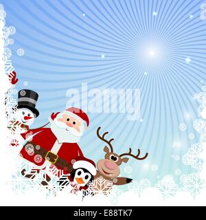 Inverno sfondo con i fiocchi di neve e personaggi natalizi Illustrazione Vettoriale