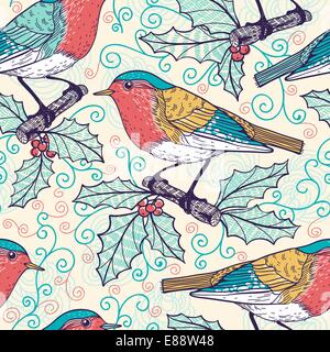 Vector seamless pattern di Natale con piccoli uccelli colorati e holly bacche Illustrazione Vettoriale