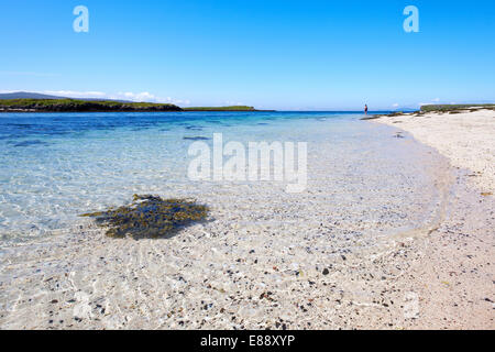 Le spiagge di corallo sulle rive di Loch Dunvegan vicino Claigan con l'isola di Lampay appena offshore. Foto Stock