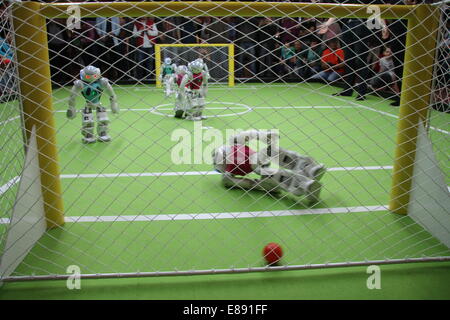 Il robot turco-goalie (R) giace caduto dopo un obiettivo tedesco a 'Robogol 2014' in Istanbul, Turchia, 27 settembre, 2014. Il team 'B-umano' da Brema gioca contro "Cerberus' dal Bogazici University di Istanbul a Robogol. Il gioco è stato organizzato per l'anno Tedesco-turco della scienza dall'ambasciata tedesca e la Koc-Museum, in cui i giochi si svolgono. Foto: Può Merey/dpa Foto Stock