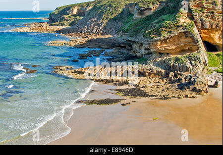 Linea costiera di Moray Scozia vicino HOPEMAN GOLDEN scogliere di arenaria SPIAGGIA E MARE Foto Stock