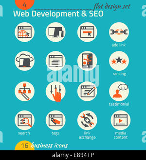 Business icon set. Sviluppo di software e web SEO, marketing, e-commerce. Design piatto Foto Stock